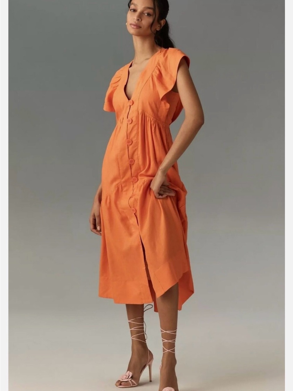 Anthropologie The Renee Flutter- Sleeve Linen Button-Front Midi Dress